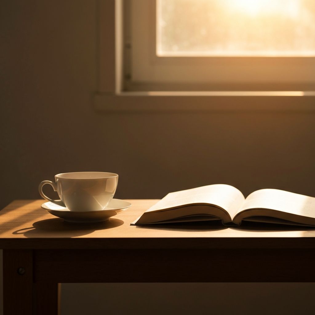 Мирна сцена са топлим светлом, чајем и књигом за медитацију